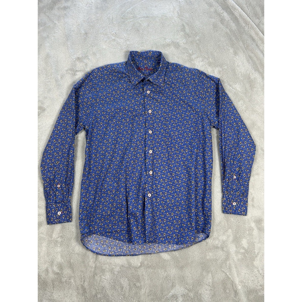 Alan Flusser Shirt Mens Medium Long Sleeve Blue Paisley Hidden Button Down